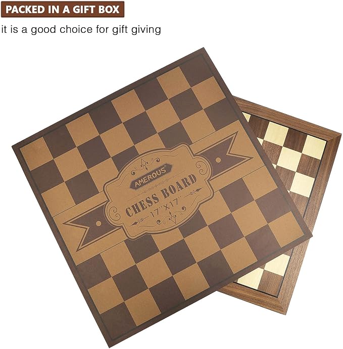 AMEROUS 17 Inches Wooden Chess Board Only Professional Tournament Chess Board Large with Gift Package - Chess Rules Beginner Chess Board Game for Adults