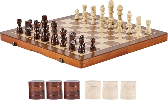 VEVOR 15-inch Magnetic Wooden Chess Set 2-in-1 Folding Chess and Checkers Game for Adults and Kids Portable Travel Chess Set with 2 Queens Ideal for Tournaments Professionals and Beginners