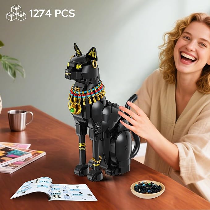 Egyptian Pharaoh Cat Building Set - Animal Black Cat Building Blocks Toy for Adults DIY Crafts Project Egyptian Cat Model for Home Office Decor Easter Gift for Adults Women 10+ (1274PCS)