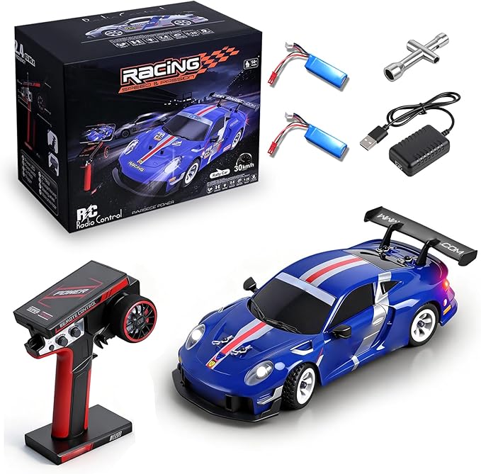 Wltoys 284019-A RC Drift Car 1:28 Scale 30KM/H High Speed RC Drift Car with LED Lights Gyroscope and Professional Chassis 2.4GHz 4WD RTR Rally Cars for Teens Adults (Blue)