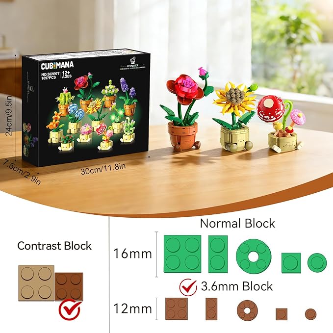 12 Pack Flowers Plants Mini Building Set - 1697PCS Flower Botanical Collection 3.6MM Succulent Building Toy for Home Office Decor Easter Birthday Party Favors Gift for Adults Girls Boys 12+