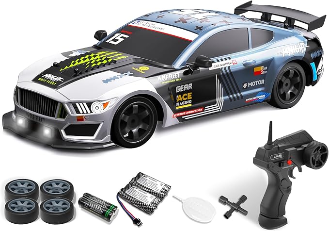 RACENT 1:16 RC Drift Car 2.4Ghz 4WD 18KM/H Remote Control Car with Spray Mist Racing and Drifting Wheels LED Light 2 Batteries Sport Model Toys Vehicle for Kids Boys Adults