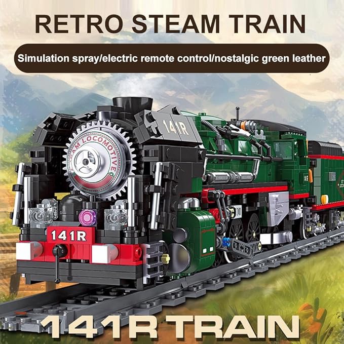 French 141R Steam Locomotive Building Bricks Set -Retro Steam Train Building Toy Sets Large Locomotives Display Toy with Train Tracks for Adults (1782 PCS)