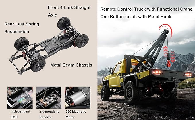 MN82T RC Rock Crawler RC Truck 4x4 1/12 Scale Remote Control Pickup with Crane Hook RTR Hobby All Terrain Proportional Throttle Steering 280 Motor Upgraded Chassis for Adult 2 Batteries