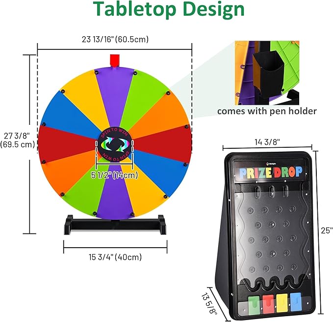 WinSpin Modular Prize Wheel Kit Mini 25x14 Prize Drop Board &amp 24 Tabletop Spinning Wheel Spinning Fortune Game Carnival Live Stream Party Tradeshow