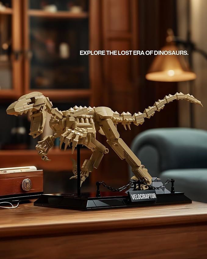 Nifeliz Velociraptor Fossil Model Set Dinosaur Skeleton Building Set with Display Base for Adults Collectible Gift for Dinosaur Enthusiasts (498 PCS NF10357)