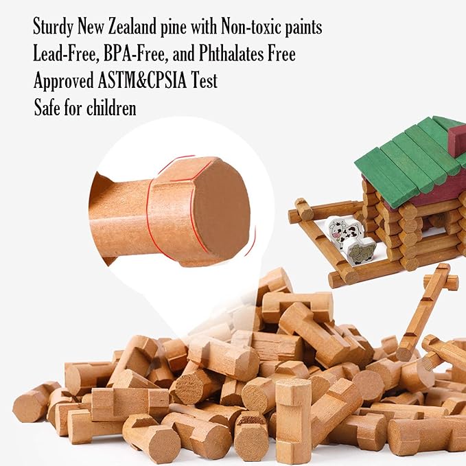 Wondertoys 170 Pieces Wood Logs Set Ages 3+ Classic Building Log Toys for Boy Creative Construction Engineering Educational Gifts