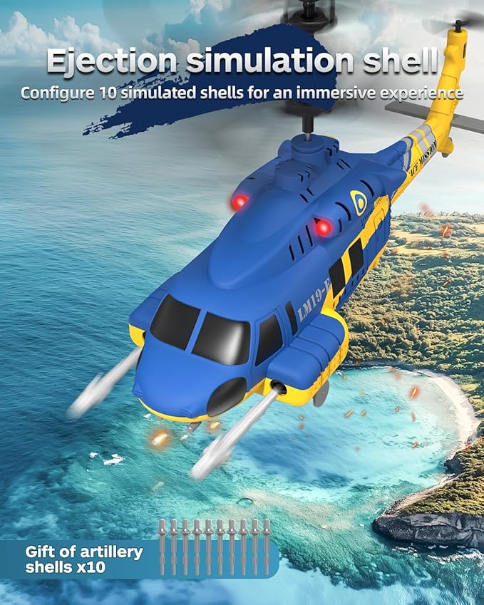 RC Helicopter with 10 Missiles 2.4GHz Army Remote Control Helicopter for Beginners and Adults Military Helicopter LED Lights Altitude Hold One-Key Take Off RC Toys (Blue)