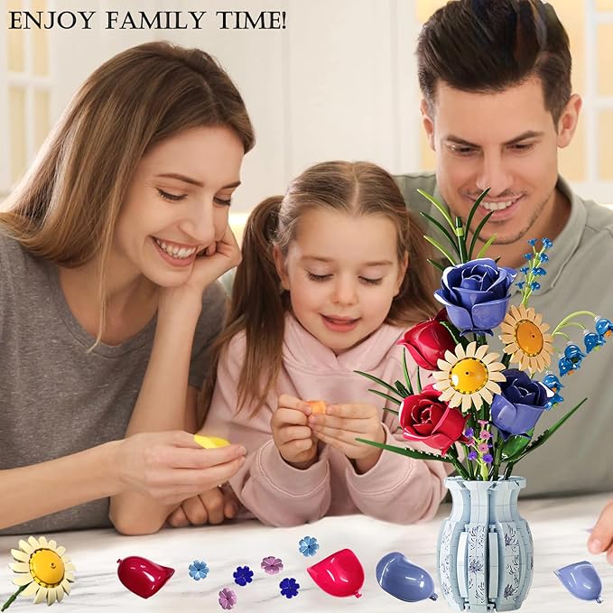 Flower Bouque Building Set with Vase 787 PCS Botanical Collection Building Block Toy Roses Sunflower Artificial Flowers Home Decor Gift for Adults Kids 12+