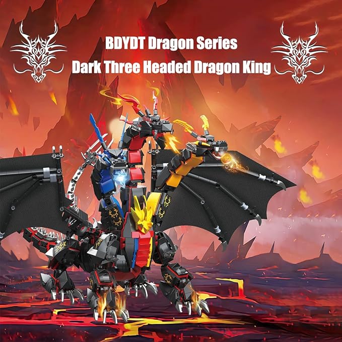 Dragon Series Dark Three Headed Dragon King Building Blocks Set （1400PCS）-Building Set Model Toys Gifts for Kid and AdultInteresting Gifts for Dragon Enthusiasts