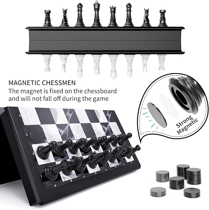 2-in-1 Chess Set and Magnetic Checkers Set - Foldable 13-inch Travel Board Game Durable Plastic Puzzle and Strategy Toys for Kids and Adults