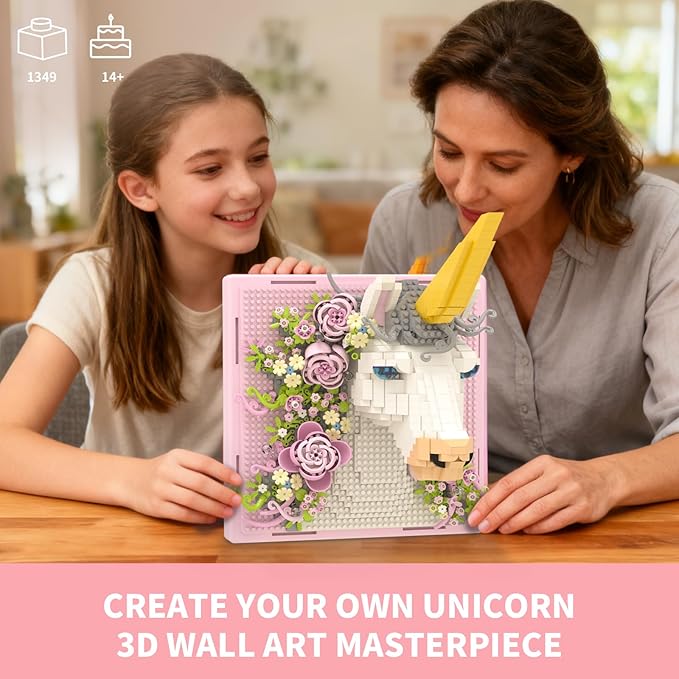 Pink Flowers Unicorn Animal 3D Wall Art Micro Mini Building Blocks Set Unique Home Wall Decor or Table Display No Compatible with Lego Ideal Gift Toy for Adults &amp Boys Girls 14+ (1349 PCS)
