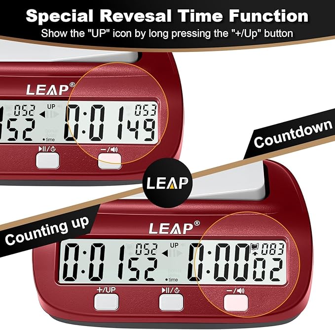 LEAP Chess Clock Digital Chess Timer Professional for Board Games Count Up/Down Timer with AlarmBonus and Delay Features Easy to Setup (Red/Black)
