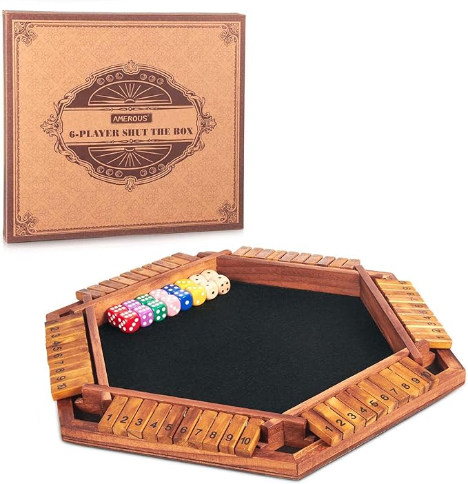 AMEROUS Upgraded 1-6 Players Shut The Box Dice Game Wooden Board Table Math Game with 16 Dice for Kids Adults Family Classroom Home Party or Pub