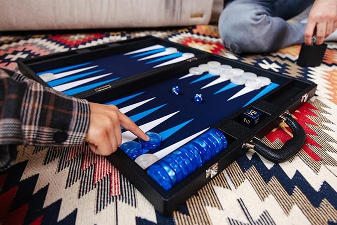 19 Inch Premium Backgammon Sets for Adults Leather Black - Blue. Premium 1.6 Inch Checkers &amp Dice Set Travel Backgammon Set Large Backgammon Board Game Backgammon Game Set
