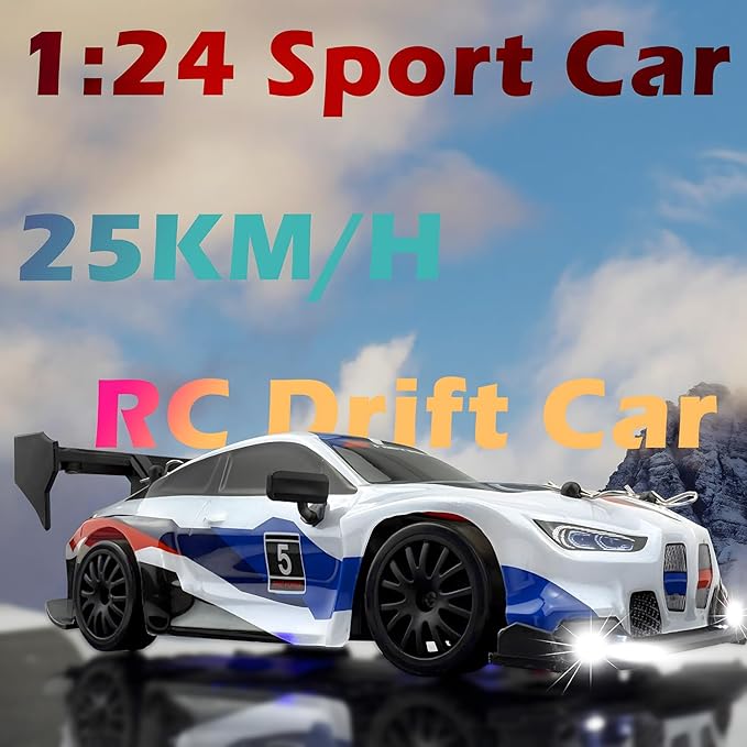 RC Drift Car 2.4GHz 1:24 Scale 4WD 25KM+/H High Speed Model Vehicle with LED Lights Drifting Tire Racing Sport Toy Car for Adults Boys Girls Kids Gift (White)