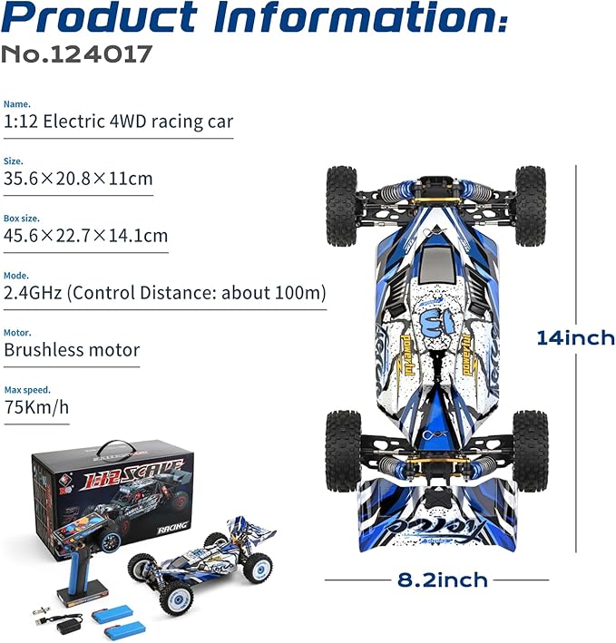 CKYSCHN WLtoys 124017(V2) Fast RC Car 1/12 Brushless RC Cars 75km/h 4x4 Hobby RC Buggy Cars with Independent ESC for Adults Fast Remote Control Truck Car with 2 Battery