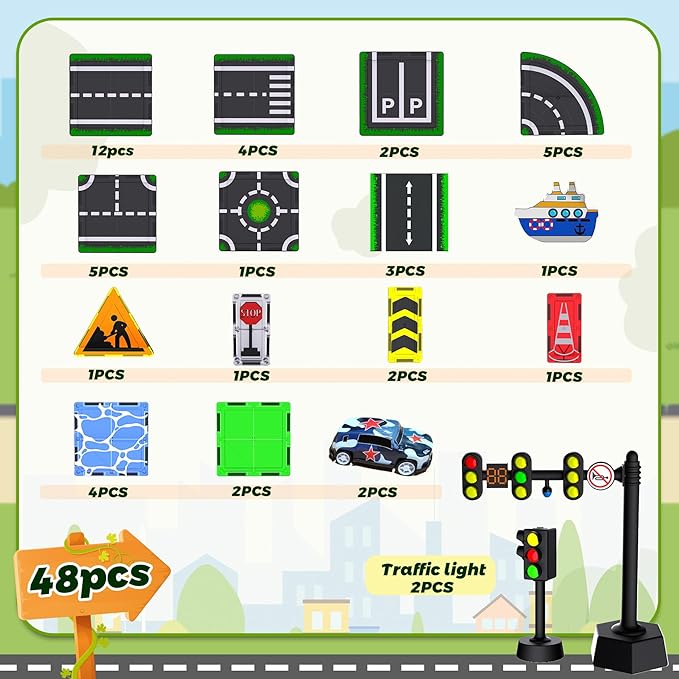 Magnetic Road Tiles Set with Pull-Back CarsMagnet Building Blocks for Kids Ages 4-8 with Magnetic Ship &amp Traffic LightsSTEM Educational Preschool Learning ToysIdeal Gift for Boys and Girls