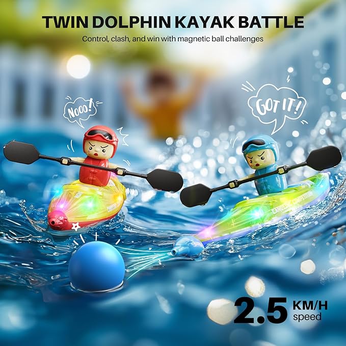 SYMA RC Boats 2 Pack for Kids 6-12 Remote Control Kayaks with Magnetic Dolphin Nose &amp 3 Balls Up to 40 Min Playtime LED Light Up Water Toys for Pool Water Table &amp Bathtub