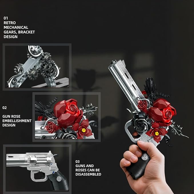 Gothic Revolver &amp Red Rose Building Block Set Micro Mini Camera Building Blocks Dark Romantic Guns and Petals Display Decor Creative Collectible Gifts for Adults Teens 14+