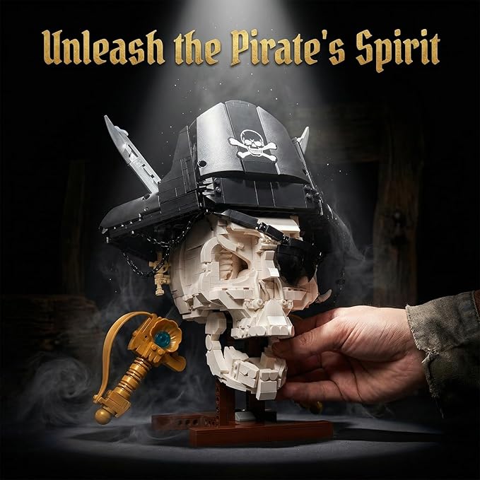 Gothic Pirate Skull Building Set for AdultsHorror Skeleton Head Model with Display Base Cool Unique Ideal Building Block Sets for Home Table Decor (1167 PCS)