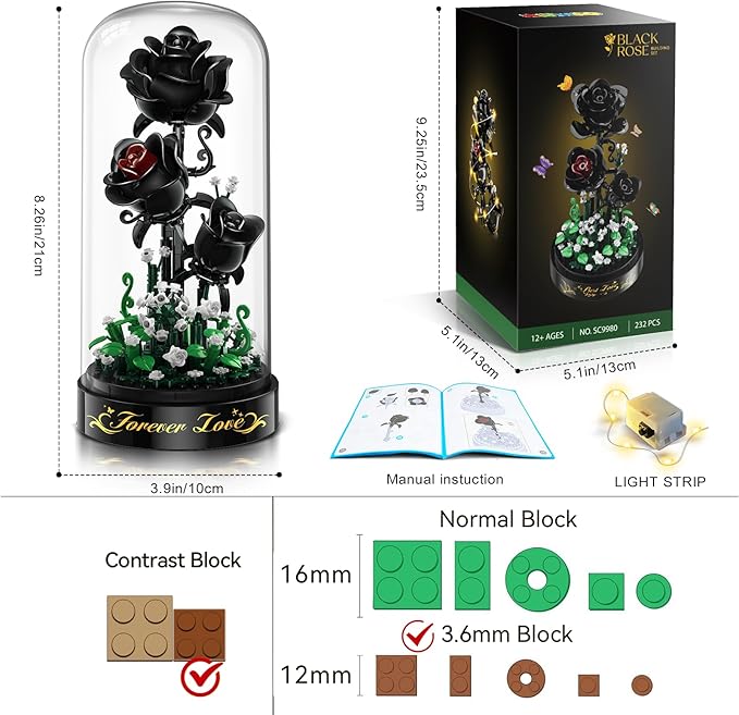 Flower Building Set with LED Light - 232 PCS Black Rose Building Blocks Kit with Dust Cover Easter Day Gift for Her Grilfriend Wife 3.6MM Flower Botanical Collection Block Toy Home Decor