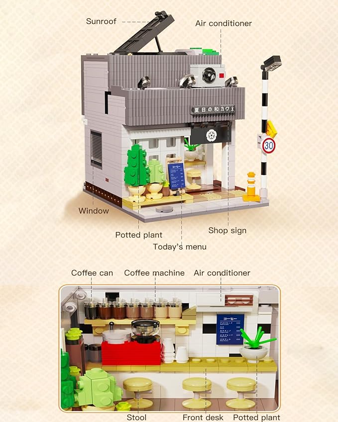 Japanese Summer Breeze Coffee House Building Block Set MOC City Café Shop with LED Lights Architecture Construction Model for Adults Teens Boys Girls (1108PCS)