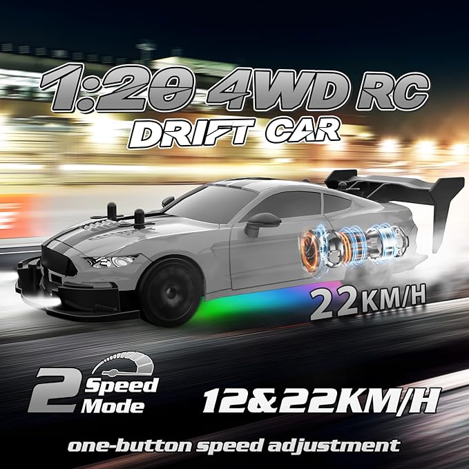 RC Drift Car 1/20 Scale 2.4GHz 4WD Remote Control Car with Led Lights 22KM/H High Speed Rechargeable Batteries Racing Sport Cars RC Cars for Kids Boys Girls Adults Gifts Birthday Christmas