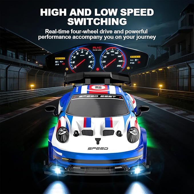 1:24 Scale RC Drift Car 4WD 2.4GHz High Speed Racing Sport Toy Car with LED Lights Racing and Drift Wheels (E80-Black)