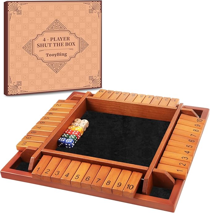 Upgraded 1-4 Players Shut The Box Dice Game Wooden Board Table Family Game for Kids and Adults with 12 Dice Classic Tabletop Math Game for Pub Classroom Party Gift for Christmas Birthday