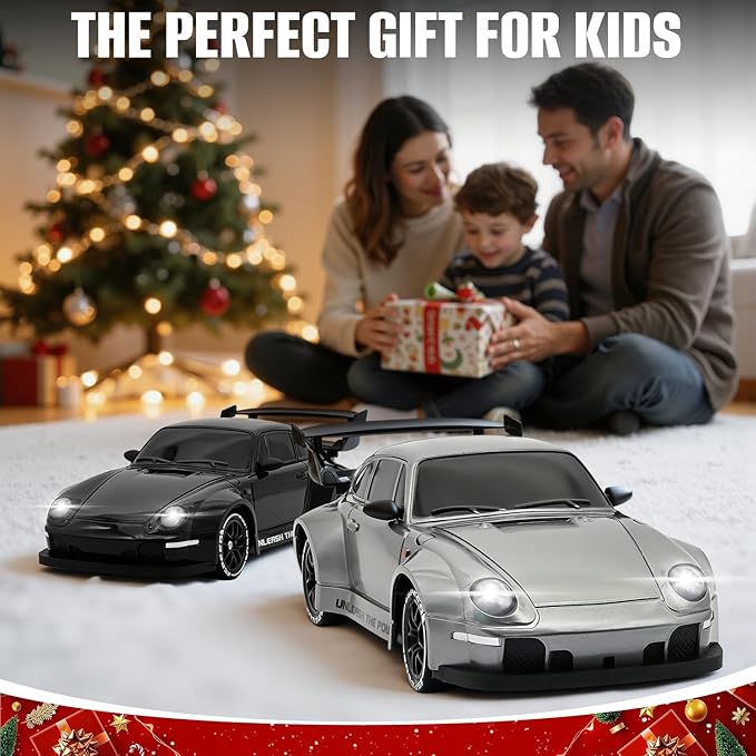 RC Drift Car1:24 Scale Remote Control Car 2.4GHz 20KM/H 4WD High Speed RC Cars for Kids with LED Light Two BatteriesDrifting TiresRacing Vehicle Toy for Adults Boys Girls Silver