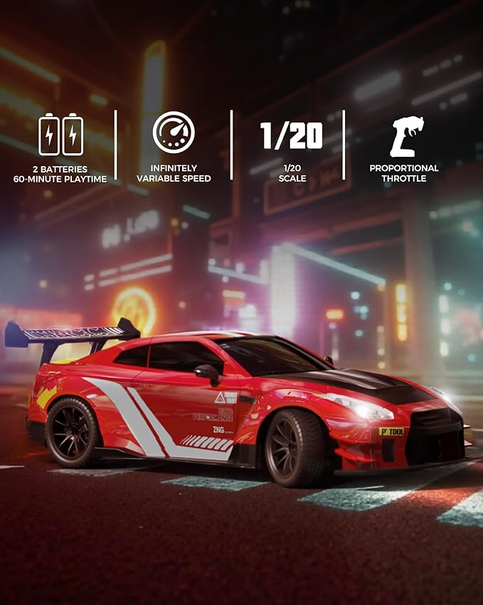 RACENT RC Drift Car 1:20 Scale Remote Control Car with LED Lights 2.4GHz 20KM/H 4WD High Speed RC Vehicle Racing &amp Drifting Tires Two Batteries Toy Idea Gift for Adults Boys Girls and Kids (R