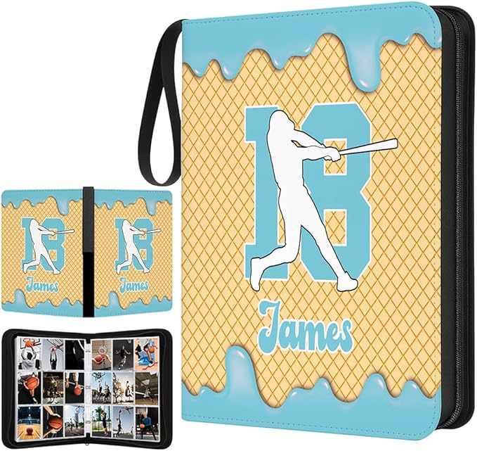 Personalized Ice Cream Drip Baseball Card Binder with Name &amp Number – Zipper Trading Card Album with Handle – Collector Case for Players &amp Fans (Ice Cream Drip Art #8)