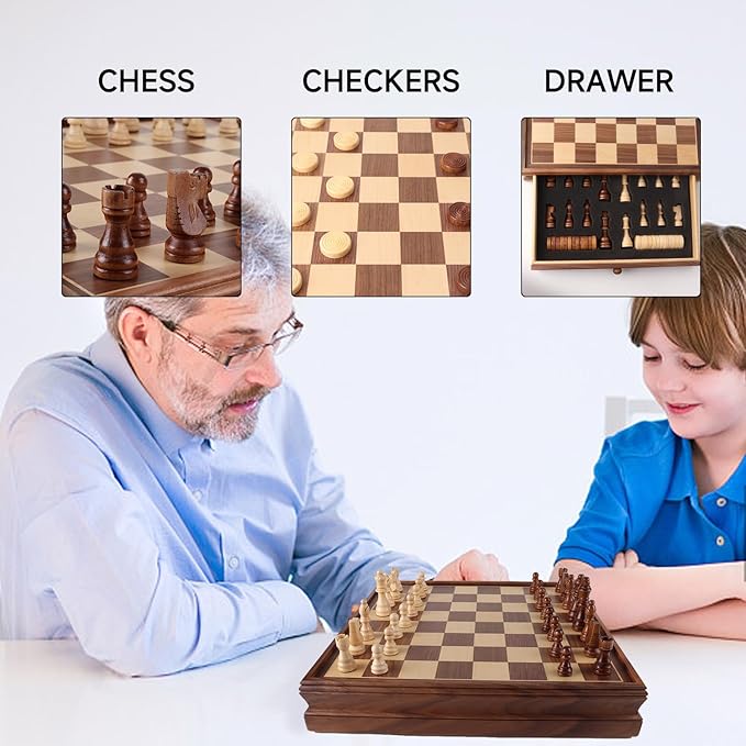 GSE Games &amp Sports Expert 15 Large Wooden 2-in-1 Chess &amp Checkers Board Game Combo Set with Drawer Board Games Chess Checker Set for Kids &amp Adults