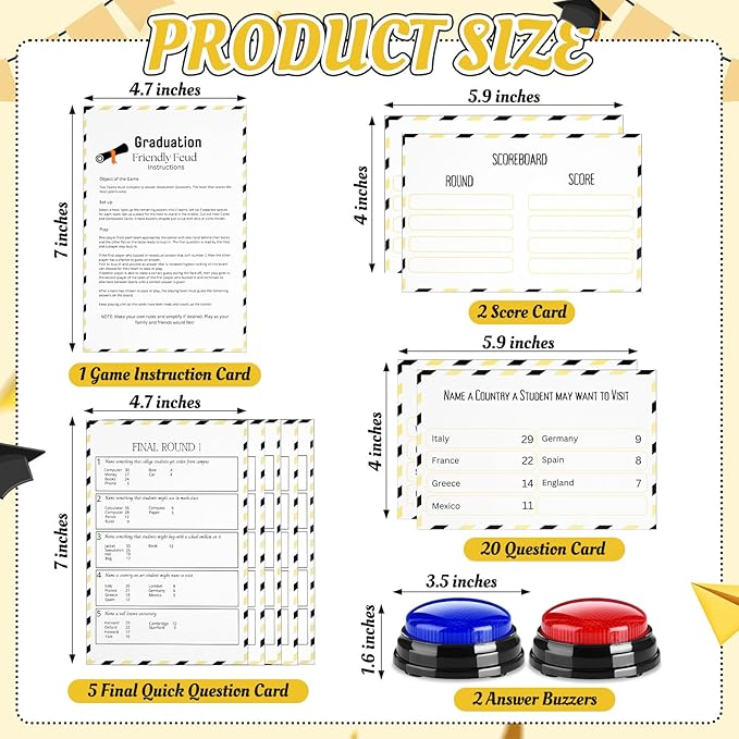 Graduation Friendly Feud Game with 2 Answer Buzzers Grad Feud Cards for Family Game Night Fun Trivia Quiz for Class Party Groups Clubs Team Building
