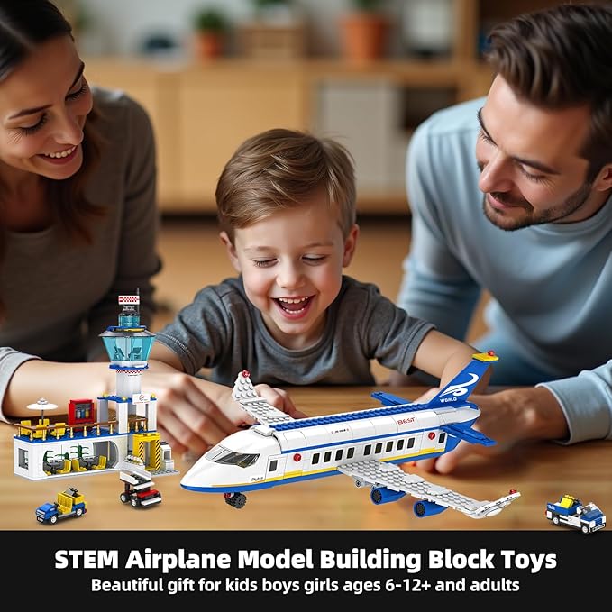 City Passenger Airplane Building Set 886 Pcs STEM 6 in 1 Airport Passenger Plane Building Block Toy with Terminal Shuttle BusLuggage CartChristmas Birthday Gifts for Boys Girls Ages 6-12+