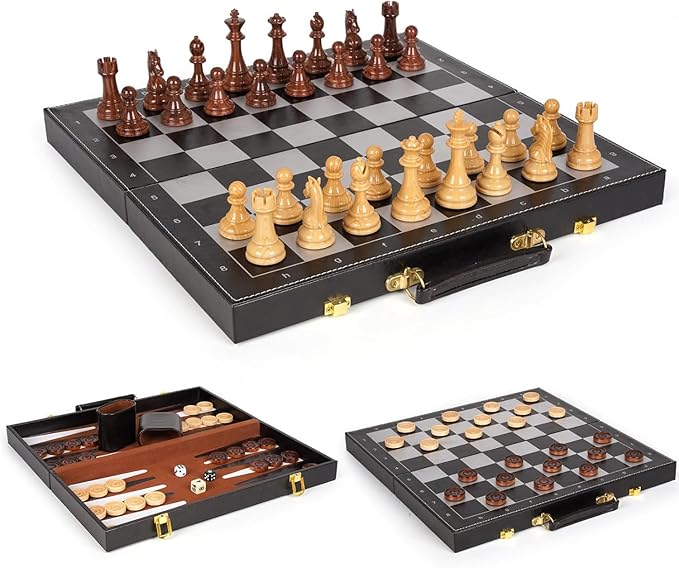 3 in 1 Magnetic Chess Set &amp Checkers Backgammon Board Game Set 15 Wooden Folding Chess Board Tournament Portable Travel Chess Set Beginner Chess Board Game for Adults &amp Kids