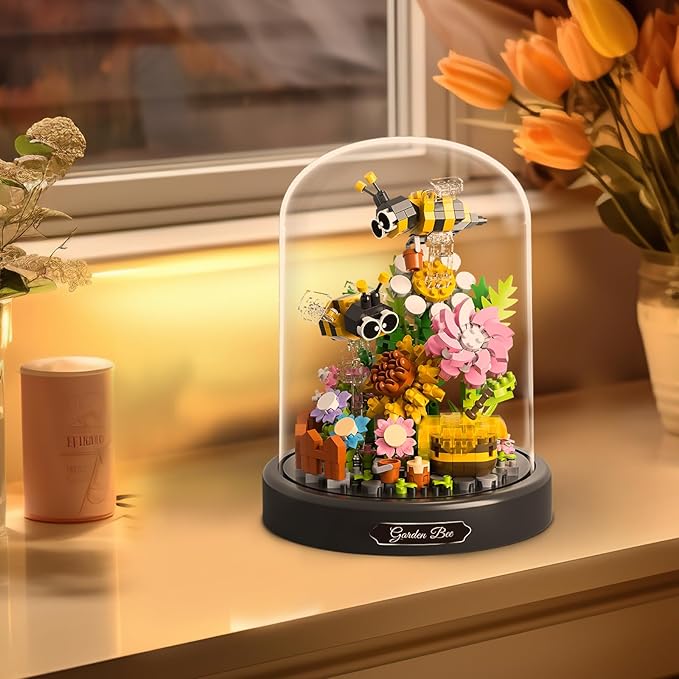 QLT QIAOLETONG Flower Bouquet Building Sets 588 PCS Animals Flowers Botanical Collection Mini Bricks Building Blocks Toy for Adults Valentine's Day for Her Mom Women Wife Girlfriend (Bee)