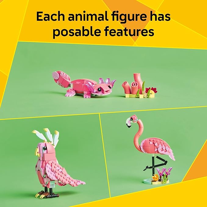 LEGO Creator 3 in 1 Wild Animals: Pink Flamingo Animal Building Toy - Playset with 3 Build Options Pink Flamingo Cockatoo or Axolotl - Learning Toy for Kids Ages 8+ - 31170