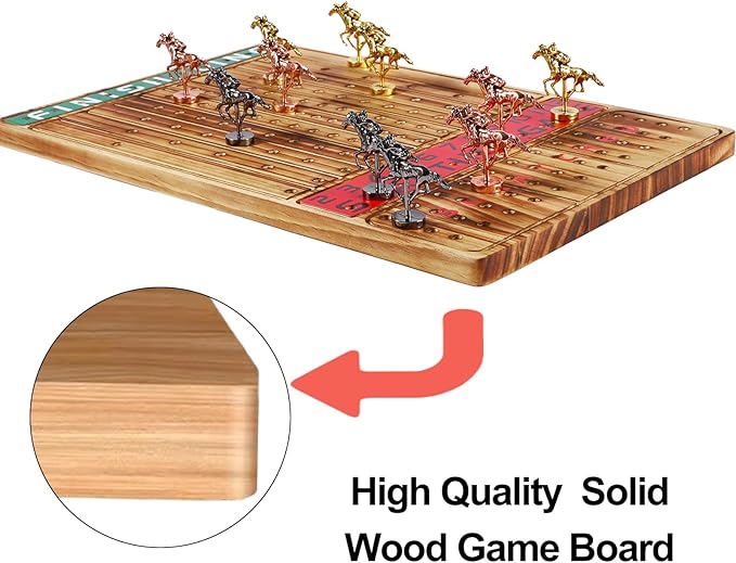 Horse Racing Board Game Thickened Solid Wood Finish Line Horse Race Game with 11 Metal Horses with 2 Sets of Dice2 Boxes of Cards and 100 Poker Chips for Parties and Gambling