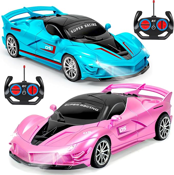 2 Pack Remote Control Car for Girls 3-5 1:18 Scale Hobby Rc Cars Toys for Kids Age 3 4 5 6 7 8-12 Year Old- Model Sports Racing Car with Headlights Birthday Easter Gifts for Kids Pink &amp Blue
