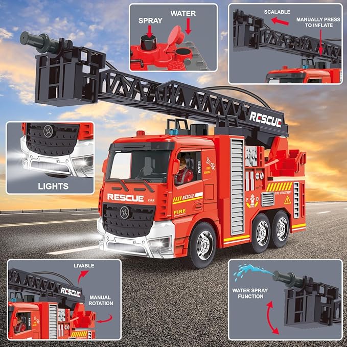 Remote Control Fire Truck RC Fire Truck Toy Set 2 Firetruck with Fire Extinguisher 2 Dolls 4 Traffic Cones Lights Sounds Extendable Rescue Ladder Firetruck Toy for Boys Kids