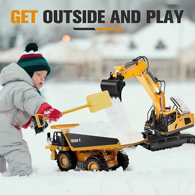 Remote Control Excavator Toy for Boys | 11-Channel Metal Construction Truck with Lights 2×1200mAh Batteries 120-Min Playtime | RC Excavator Toys for Kids Ages 3-12 STEM Gift for Birthday