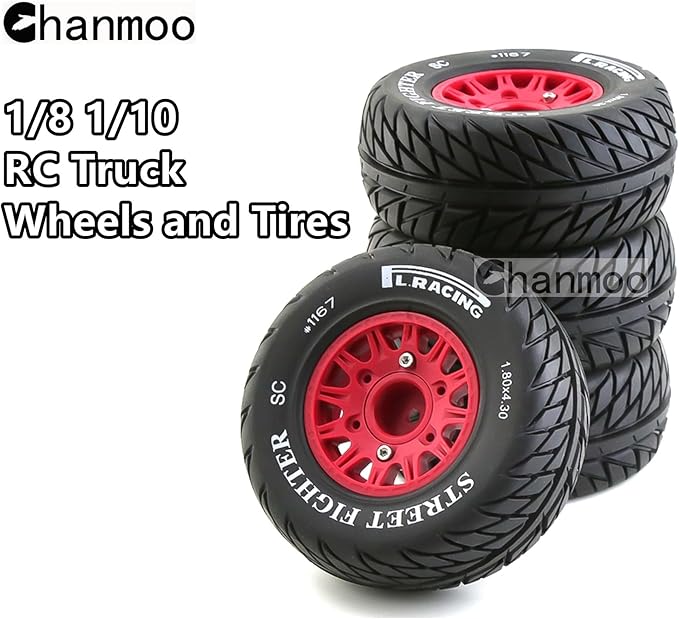 1/10 RC Short Course Truck Tires And Wheels With 12mm 14mm 17mm Hex 113mm 1/8 Rubber Tyres For 1/8 or 1/10 Scale On Road Car HSP Sonic 94102 GT PTG-2 Tamiya TT02 RC Racing Car 4PCS (Red B)