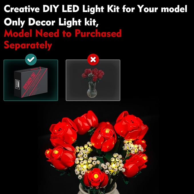 VONADO Light Kit Compatible with Lego-Bouquet-of-Roses-10328 Flowers Icons (Lights Only No Models) Creative LED Lighting Set Compatible with Lego 10328 Valentines Roses Bouquet Building Set
