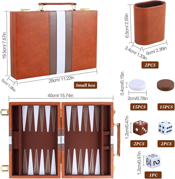 Backgammon Set 2 Players Classic Backgammon Sets for Adults Board Game with PU Leather Case Portable and Travel Backgammon Set (Brown 11inch)
