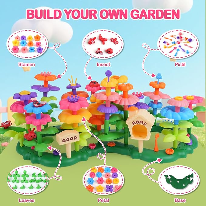 Flower Garden Building Toys for 3-7 Year Old Girls - Best Birthday Gifts for Toddler Ages 3-5 5-7 Educational Kit with 120+ Pieces Stacking Pretend Play Set for Preschool Kids