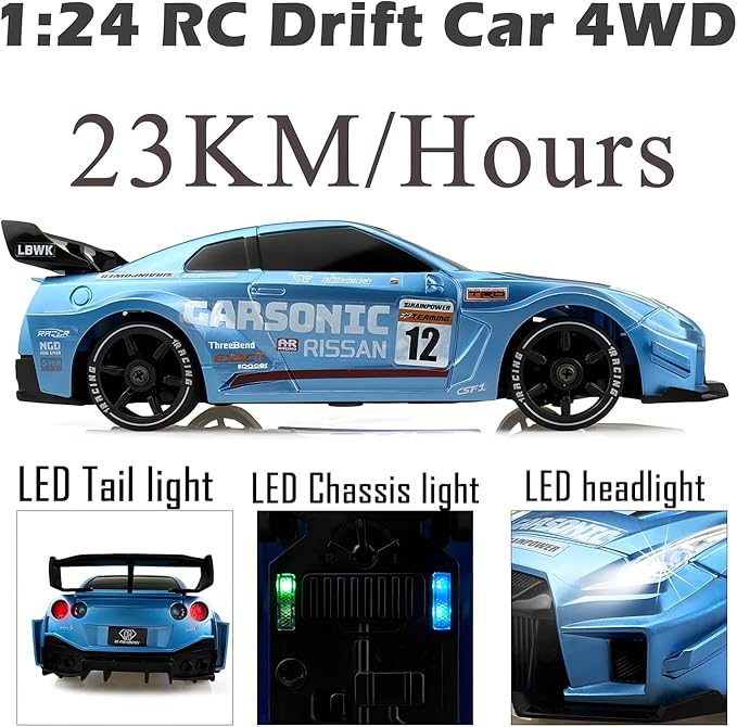 1:24 RC Drift 2.4GHz with LED Light Race Car Toys for Boys and Girls Aged 6+ Speed Adjustable up to 23Km/H High-Speed RC Racing Cars Toy Gift for Boys &amp Girls (Blue)