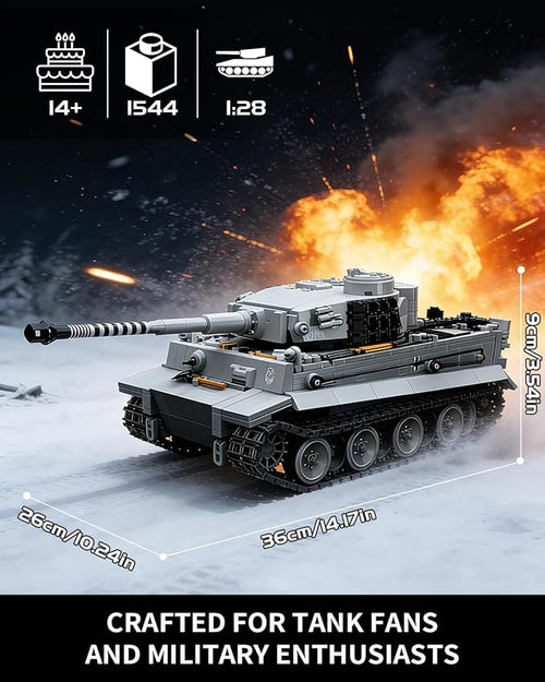 1:28 WW2 Tiger Heavy Tank Army Toy Building Sets 1544 PCS Panzer VI Tiger SO4 Military Vehicle Model Building Kits Collectible Birthday Gifts for Military Fans Adults Men Teen Boys Age 14+