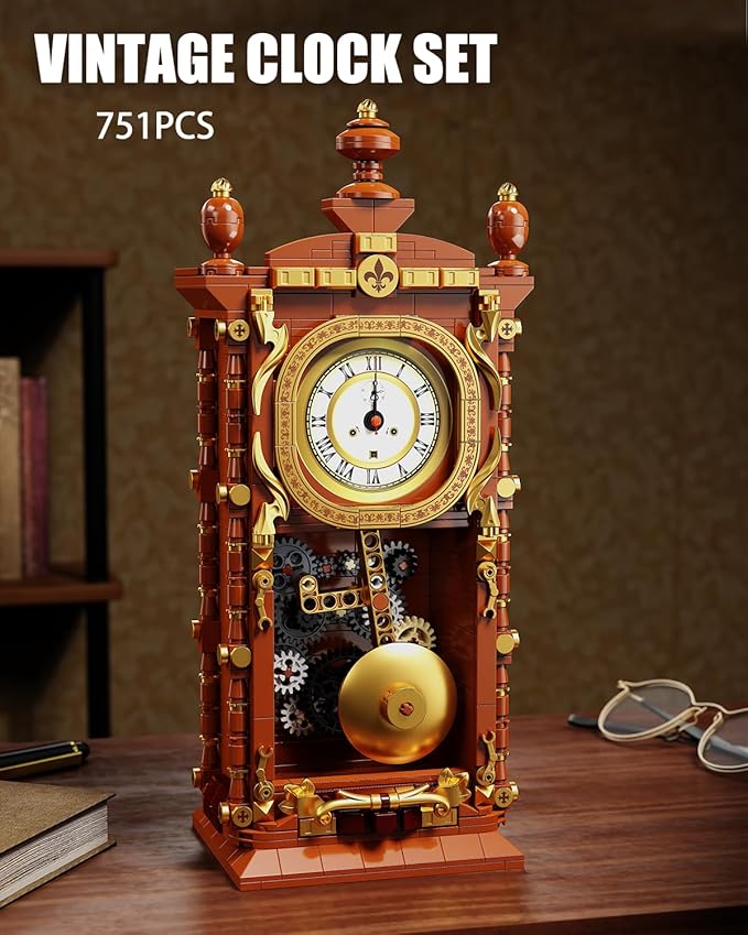 Vintage Pendulum Clock Building Block Set Stem Toy with Real Clock Function and Linkable Mechanical Pendulum Unique Home Decoration and Collectible for Adults&ampKids 6+